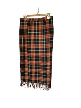 Requirements Midi Skirt Womens Size 10 Petite Red Black Plaid Fringe Wool Blend